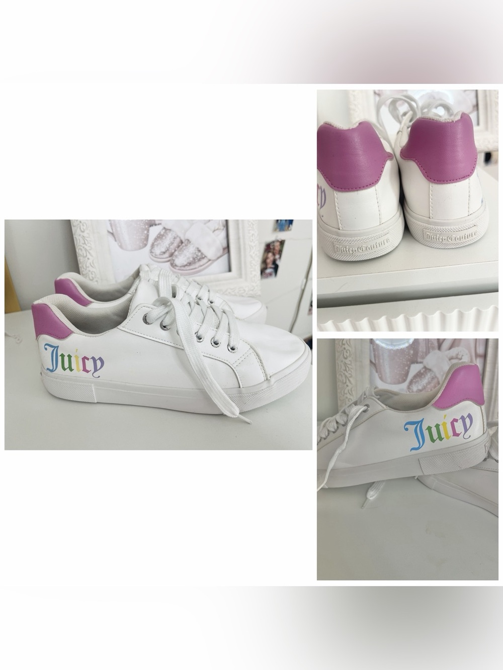 Juicy Couture White Sneakers with Pink Heel and Rainbow Juicy Script